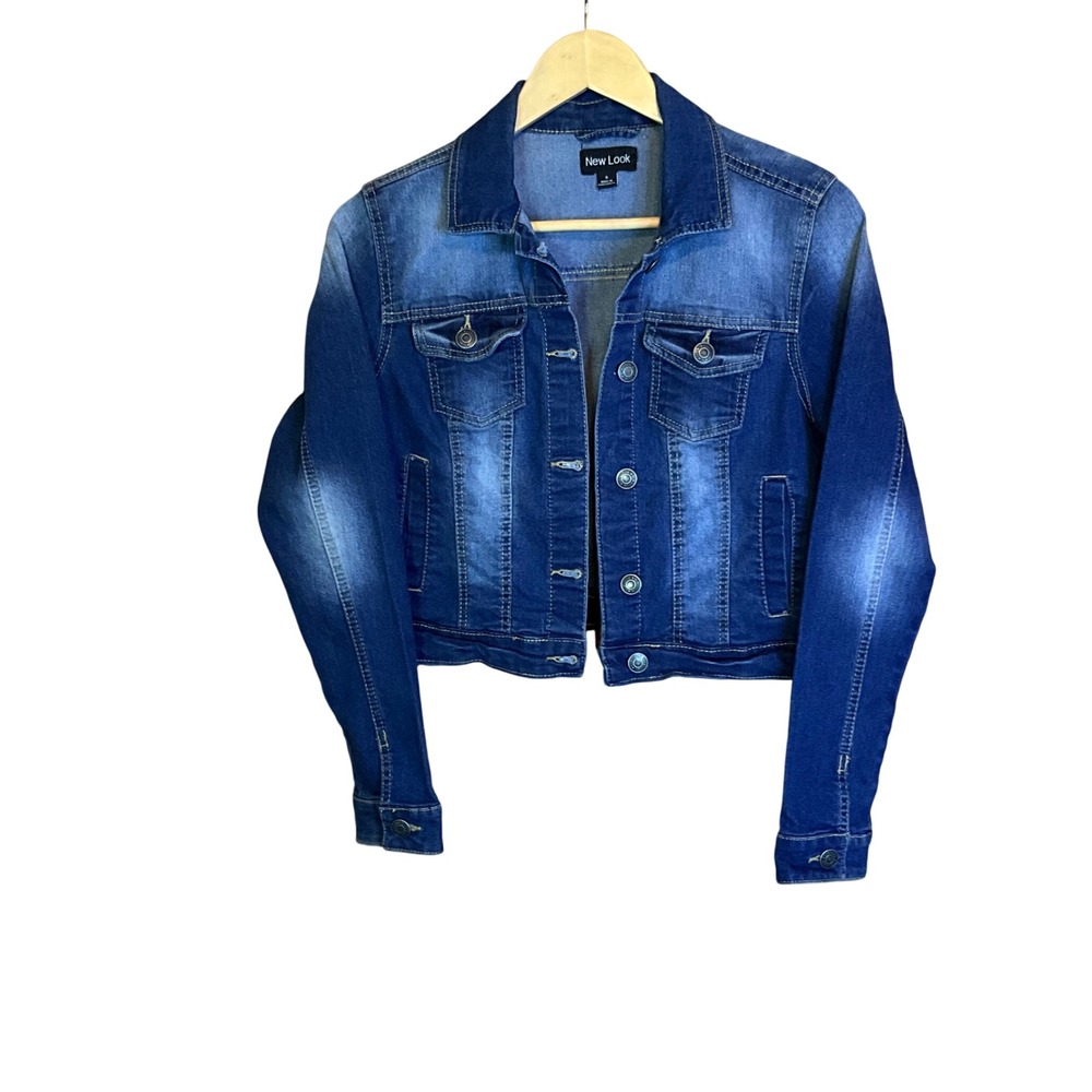 New Look Blue Denim Cropped Jacket Size S Button Up Streetwear Distressed Retro‎